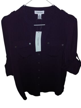 Calvin Klein Deep Plum Button-Front Blouse Small
